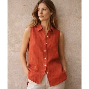 Loro Piana Linen Sleeveless Button Down Shirt Women's Orange US 10 Made in Italy